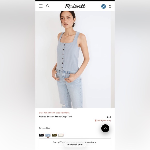 Madewell Ribbed Button Front Crop Tank Large Terrace Blue - Picture 9 of 10